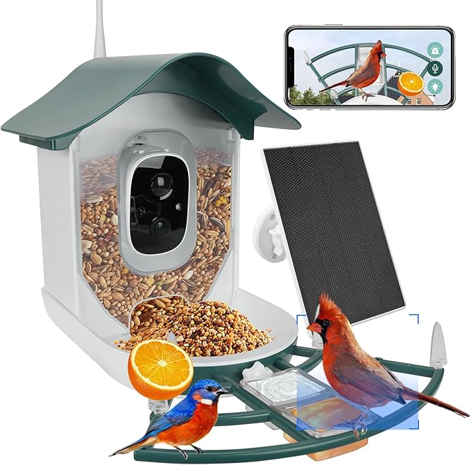 Smart Bird Feeder with Camera,AI Identify Bird Species,Auto Record 2K Video in Backyard Garden,Live View,Solar Powered Charging,Ideal Gifts for Family and Lovers (Blackish Green)