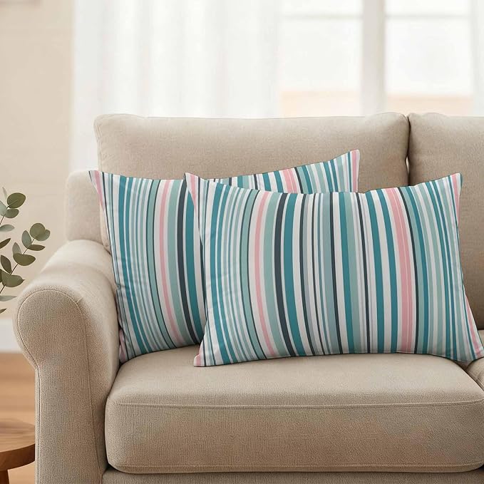 Outdoor Waterproof Throw Pillow Covers Set of 2 Turquoise Blue Striped Lumbar Pillowcases 20x12 Inches Geometric Pink Stripes Decorative Pillows Cushion Case Patio Pillows for Couch Bed Chair Garden