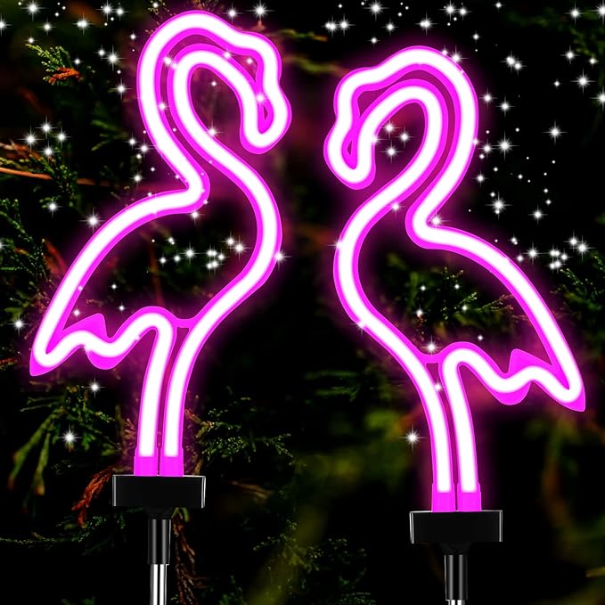 Flamingo Solar Lights Outdoor Neon Light Yard Pink Flamingo Waterproof Decorations for Garden Patio Yard Pathway Decoration(2 Pack)