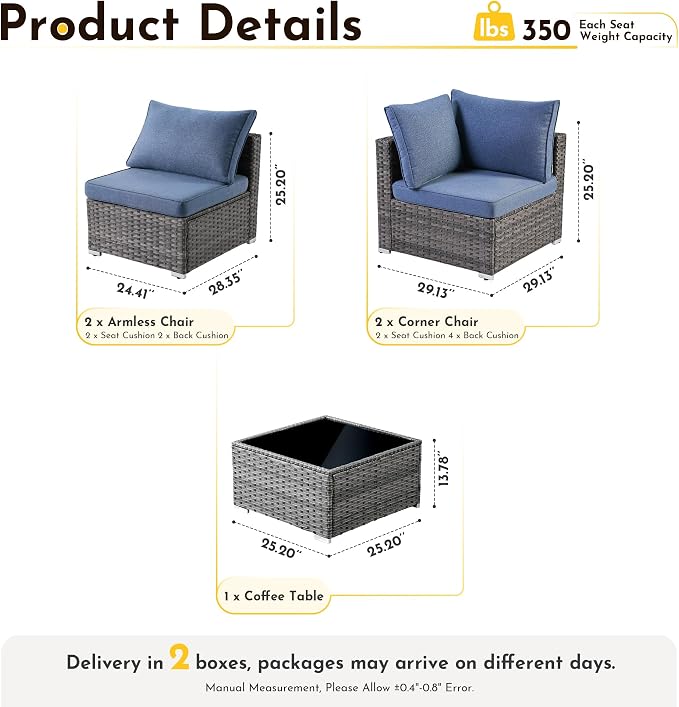 Weaxty 5 Pieces Patio Furniture Sets,Wicker Outdoor Sectional Sofa with Thicken Cushion and Rattan Coffee Table,Patio Conversation Couch Set for Porch, Balcony,Yard, Poolside,Denim Blue