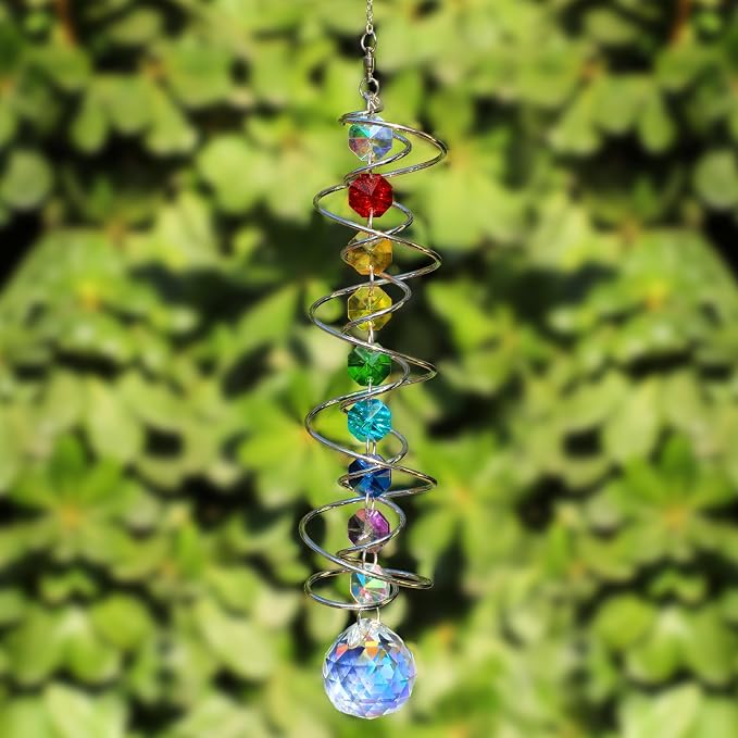 GWAHSA Suncatcher Wind Spinner Gazing Ball Spiral Tail, Crystal Sun Catchers with Seven Chakra Beads Window Hanging for Indoor Home Outdoor Garden Decor Wedding Birthday Party Gifts for Girl Women Mom