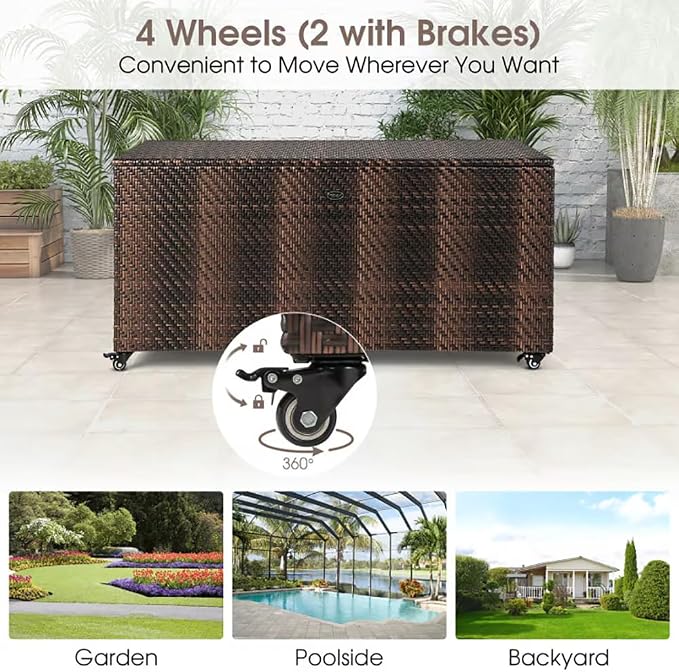 96 Gallon Outdoor Wicker Storage Box, Waterproof Deck Box with Wheels & Gas Strut, Weather Resistant Patio Container for Cushions, Tools, Garden