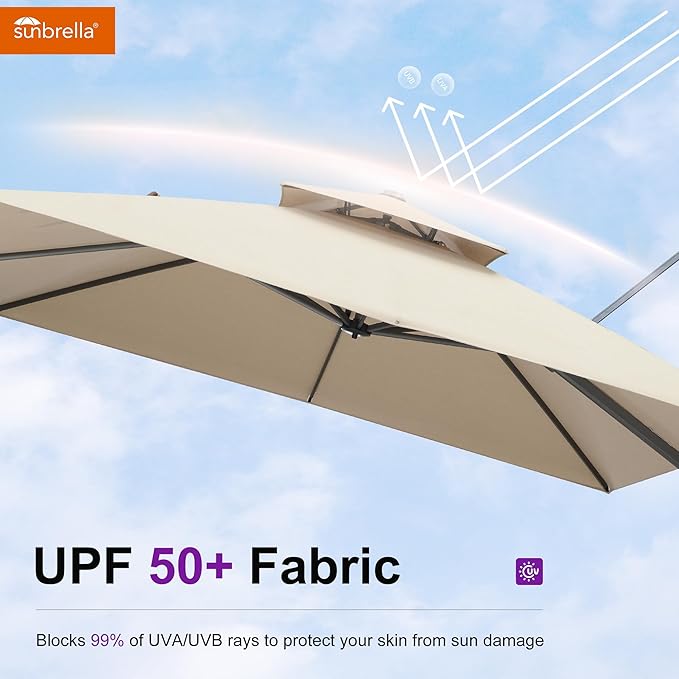 PURPLE LEAF Cantilever Umbrella with Base Included 12FT Outdoor Large Heavy Duty Double Top Offset Hanging 360° Rotation Square Umbrella for Garden Patio Deck Pool Backyard Spectrum Sand