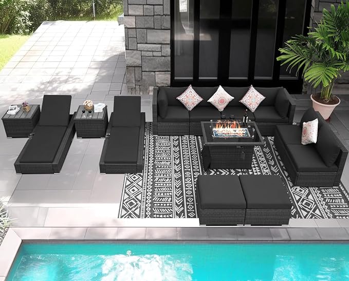 NICESOUL 13 Piece Outside Patio Set with Firepit Table, Luxury Full Size Outdoor Sectional Sofas with Pool Loungers, Oversized 29.3" Highback Wide Deep Backyard Fire Pit Seating for 10, Dark Grey