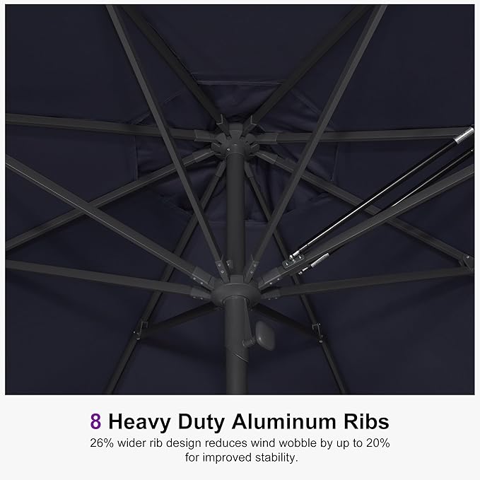 PURPLE LEAF 10Ft Round Semi-Auto Outdoor Patio Umbrella Aluminium Market Umbrella Table Sun Umbrella with 1.89" Rod and 8 Sturdy Ribs for Deck Lawn Pool Garden, Navy Blue