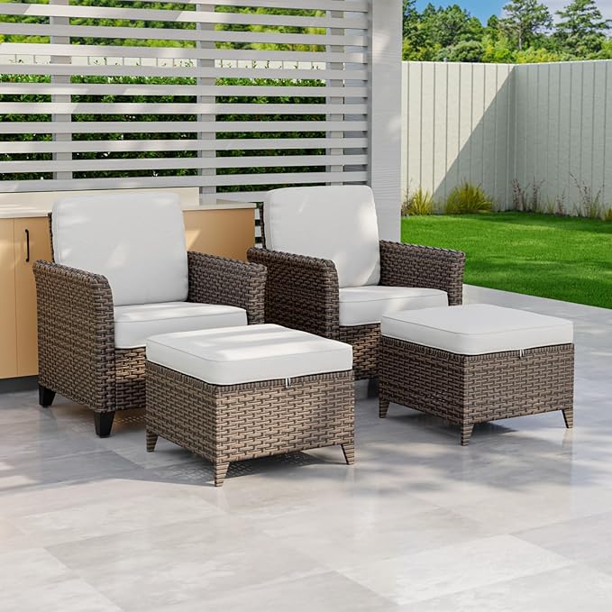 COOS BAY Harbor Retreat 4 Piece Outdoor Furniture Set, Patio Conversation Set with Patio Chairs and Ottomans, Wicker Furniture, Brown/Beige