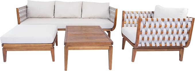Merax 4 Piece Rope Woven Paito Conversation Set,Outdoor All-Weather Acacia Wood 3-Seater Sofa,Lounge Chair with Ottoman and Cushions,1 Coffee Table for Porch, Lawn, Backyard, Balcon, Teak+ Beige