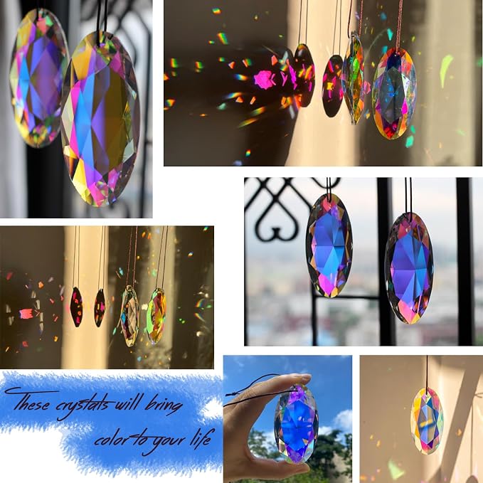2PCS Eye Crystal Suncatcher Prisms for Windows (Oval Eye) | AB Color, Transparent, K9 Glass, Rainbow Maker, with Hooks & Cord