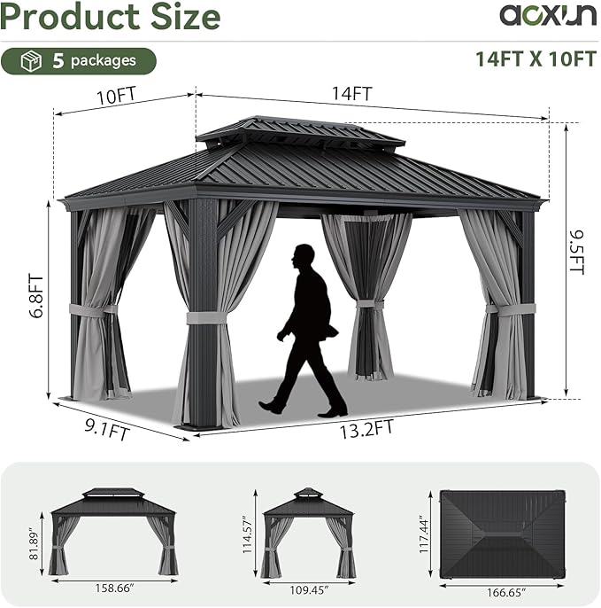 Aoxun 10' X 14' Hardtop Gazebo with Drainage System, Aluminum Outdoor Gazebo with Galvanized Steel Double Roof, Patio Permanent Metal Pavilion with Netting, for Garden, Deck, Pool, Grey