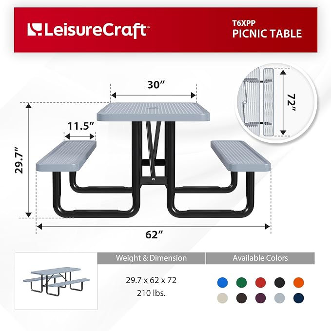 Leisure Craft Metal Picnic Table with Bench - 6 ft Rectangle Outdoor Dining Table for 6, Umbrella Hole, Weatherproof Heavy Duty Thermoplastic Coating, Commercial Grade Furniture Made in USA - Gray