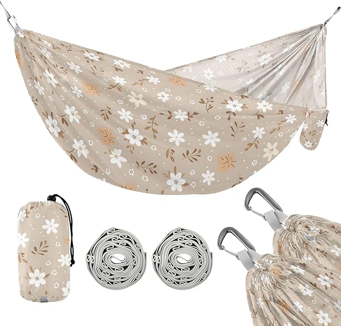 Camping Hammock Outdoor Hammocks for Outside Flower Beige Beach Trees Portable Lightweight with Pockets Tree Straps Indoor