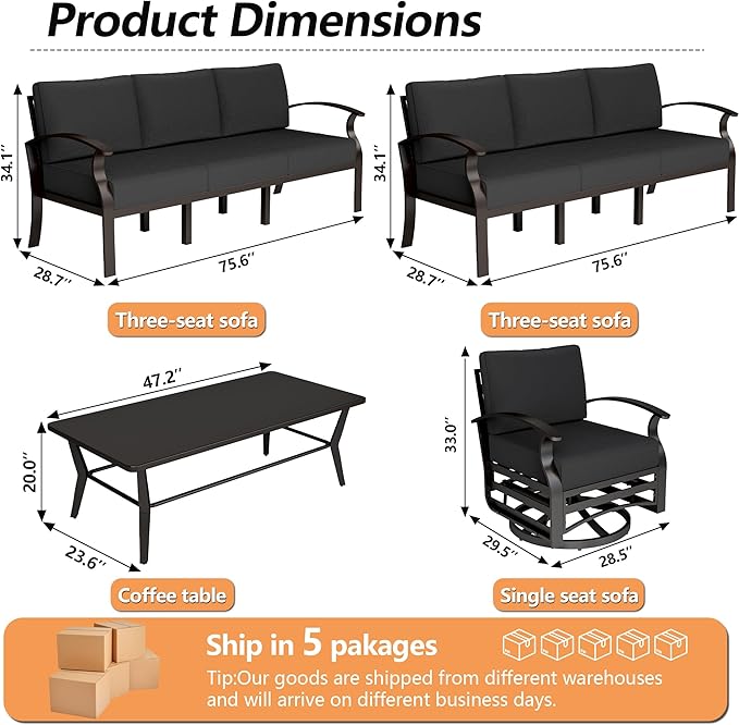 Aluminum Patio Furniture Set with Coffee Table,8 Seats Metal Modern Outdoor Furniture w/5.1" Thick Cushions,Patio Sectional w/Swivel Chairs for Patio,Backyard,Black