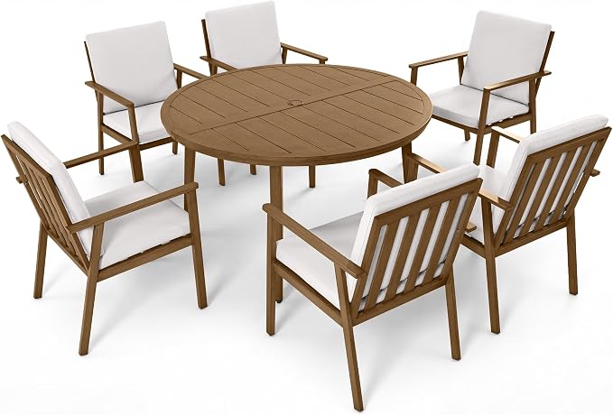7-Piece Round Outdoor Dining Table Set, 51" All-Aluminum Round Outdoor Table with 6 Chairs, Rust-Resistant Faux Wood Grain Patio Table with Umbrella Hole for Garden, Backyard, Poolside, Teak