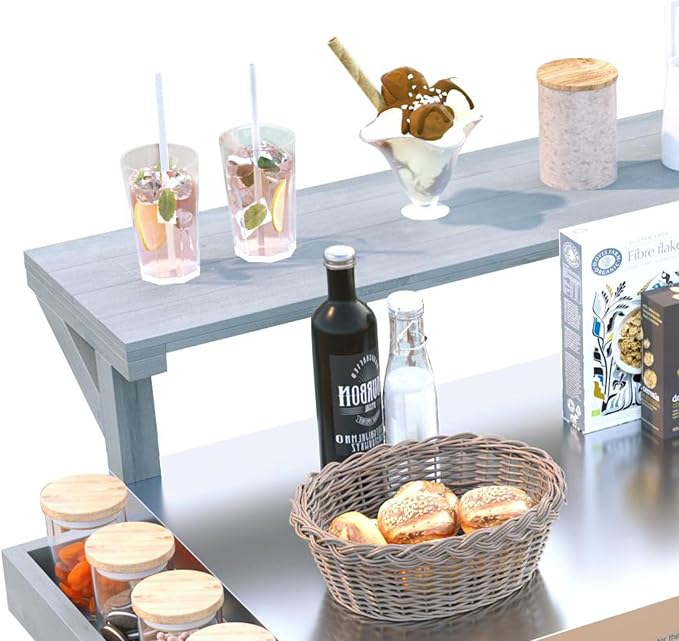 RUNNA Outdoor Kitchen Island with Raised Shelf,Solid Wood Storage Cabinet with Stainless Steel Top,Outdoor Rolling Grill Cart with Internal Storage Rack, Adjustable Shelf,Spice Rack (Grey+Blue#028)