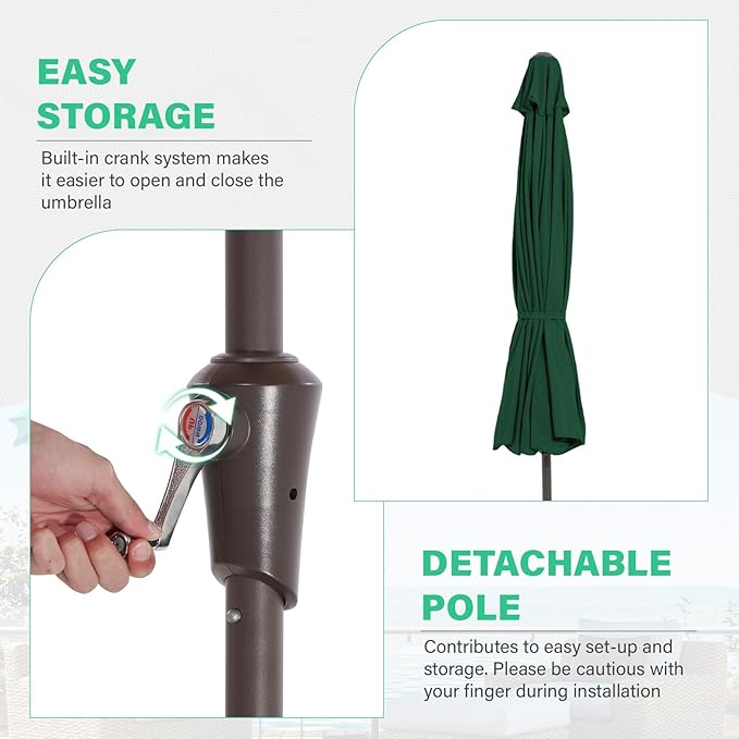 JEAREY 9 FT Patio Umbrella Outdoor, Table Umbrellas Market Umbrella w/Push Button Tilt/Crank, 8 Sturdy Ribs(Dark Green)