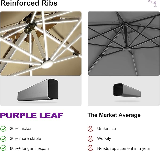 PURPLE LEAF Cantilever Umbrella 10' X 10' Solar Powered LED Offset Double Top Patio Outdoor Umbrella for Garden, Deep Beige