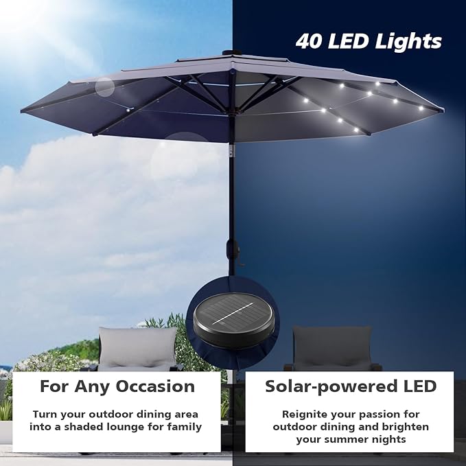 HOMPUS 11FT 3 Tiers Solar LED Patio Umbrella for Outside, Outdoor Market Umbrella with Push Button Tilt, Pool Umbrella w 40 LEDs for Backyard, Deck, Garden, Navy Blue