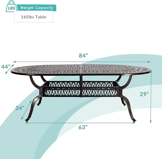 MEETWARM Outdoor 84" Oval Patio Dining Table, All Weather Cast Aluminum Large Patio Furniture Table Fits for 6-8 Person with 2" Umbrella Hole, Dark Bronze