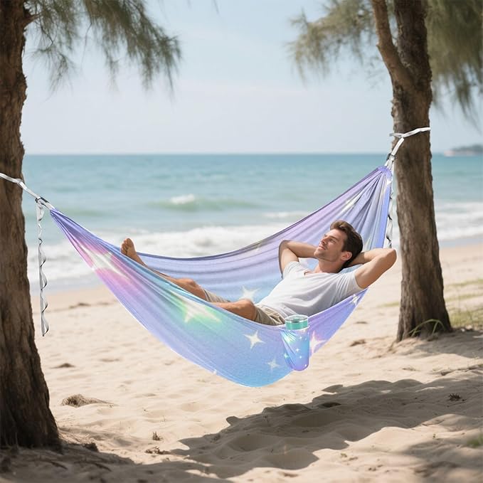 Childish Neon Star Gradient 330lb Capacity Camping Hammocks with Tree Straps Indoor Hammock for Camping Travel Accessories hamaca con soporte para adultos