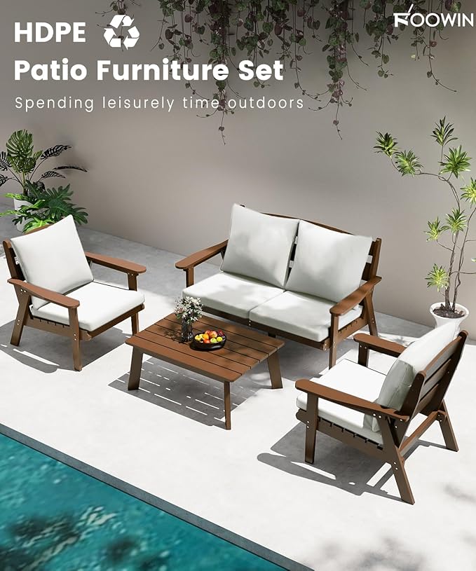 FOOWIN 4-Piece Patio Furniture Set, HDPE All-Weather Outdoor Conversation Set with Thick Cushions, Sectional Patio Sofa Furniture for Deck, Porch, Lawn, Garden, Brown Frame & White Cushion