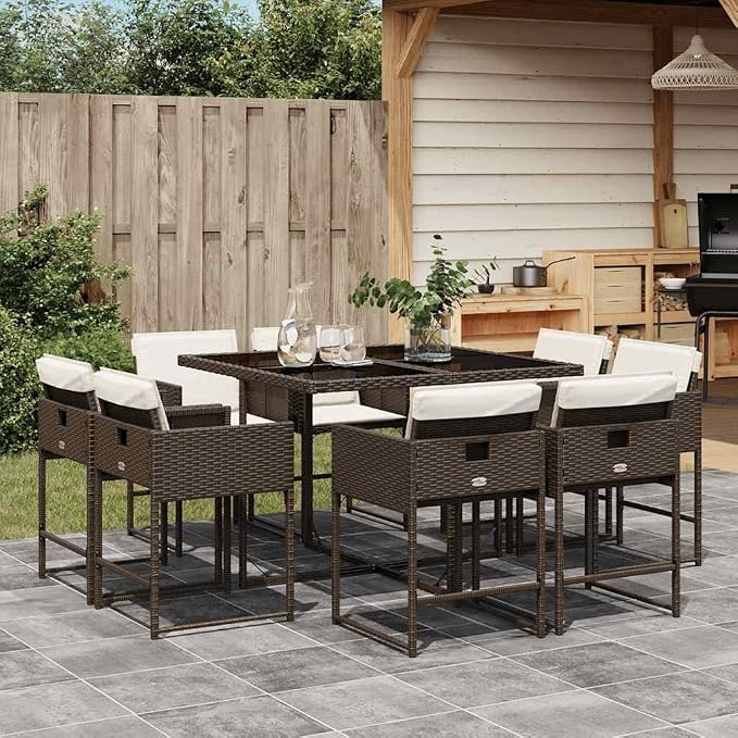 9 Piece Brown Patio Dining Set with Cushions Poly Rattan Outdoor Table and 8 Chairs Space-Saving Folding Backrest Tempered Glass Top for Garden Backyard Relaxation