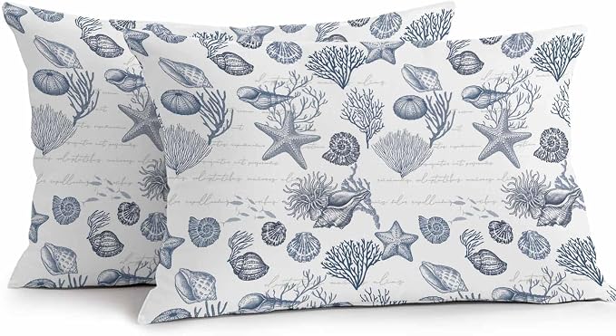 Waterproof Throw Pillow Covers for Couch Patio Living Room Furniture Garden Balcony, Ocean Sea Marine Life Coral Conch Navy Blue Rectangle Cushion Cases Home Decorations, 20 x 12 Inch Set of 2
