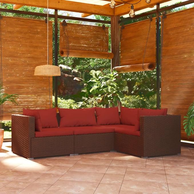 4 Piece Patio Lounge Set with CushionsOutdoor Dining Chairs,Patio Furniture Set,Outdoor Sectional Sofa,Patio Conversation Seat,Outdoor Seating,Modern Style,for Garden,Backyard, Poly Rattan Brown