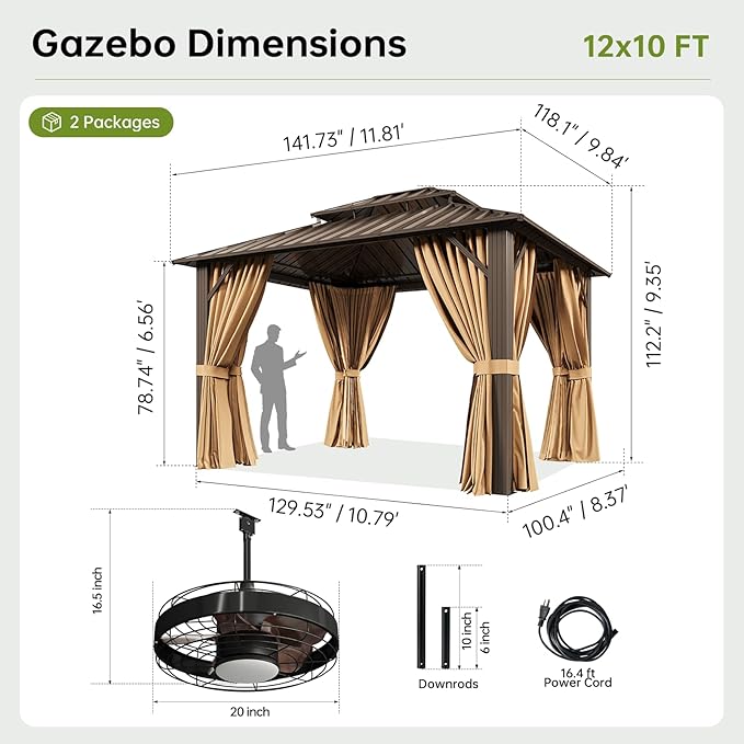 10x12FT Hardtop Gazebo with 20IN Ceiling Fan, Metal Frame with Double Galvanized Steel Roof, Permanent Outdoor Pergola for Backyard, Patio, Lawn and Garden, Brown