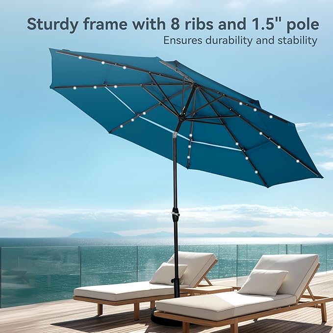 PHI VILLA 10ft Patio Umbrella with Light, Outdoor Large Auto-Tilt 3 Tier Market Table Umbrellas with 8 Sturdy Ribs and 1.5" Pole for Lawn Poolside Garden Terrace, Cyan