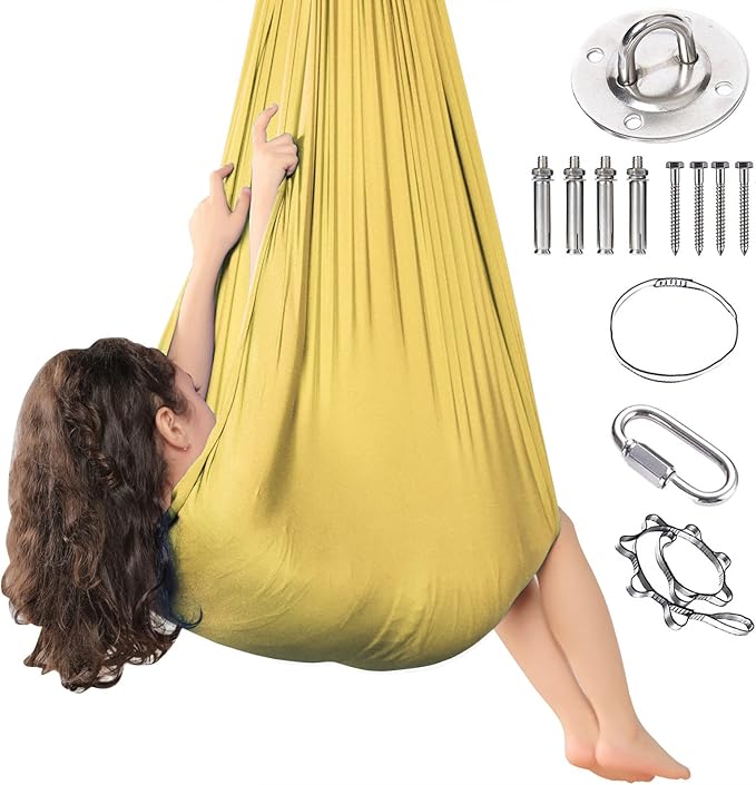 Yoga Swing for Kids Hammock Children Hangin Indoor Outdoor Autism Aspergers,ADHD Kids Hangin Therapy Swing 110inch x 59inch (Hardware Included) Gold