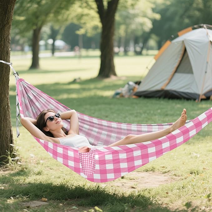 Pink and White Grid 330lb Capacity Camping Hammock with Hanging Rope Hanging Hammock for Camping & Hiking Essential accesorios para campamento