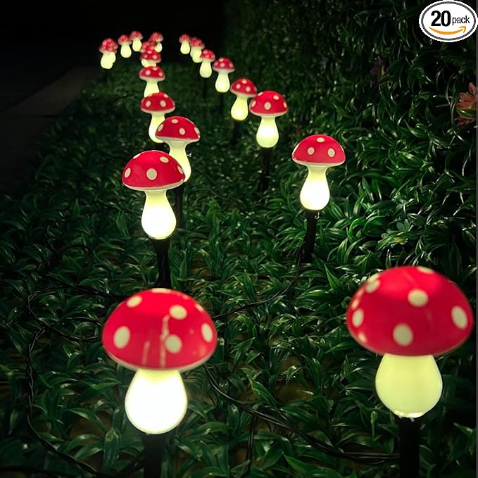20 Pack LED Outdoor Solar Ground Plug-in red Color Mini Mushroom Warm Lights, Waterproof Solar Courtyard Decoration Cute Little Mushroom Light, with 8 Lighting Modes.