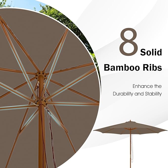 Giantex 10FT Patio Umbrella, Outdoor Table Market Umbrella with 8 Bamboo Ribs, Pulley Lift and Ventilation Hole, Outdoor Sunshade Umbrella for Poolside Backyard Beach