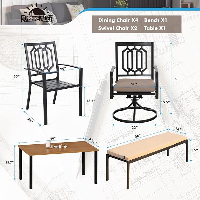 SUNSHINE VALLEY Patio Dining Set,60x36 Outdoor Table w/Umbrella Hole | Outdoor Table and Chairs Set w/ Umbrella Hole, 2 Leg Chairs, 2 Swivel Chairs, 1 Metal Table and 1 Cushioned Bench