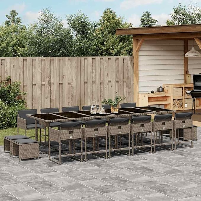 17 Piece Patio Dining Set with Cushions Gray Poly Rattan Outdoor Table and 12 Chairs Folding Space Saving Glass Top for Garden Backyard Poolside Entertaining UV Proof 242.5 lb Capacity