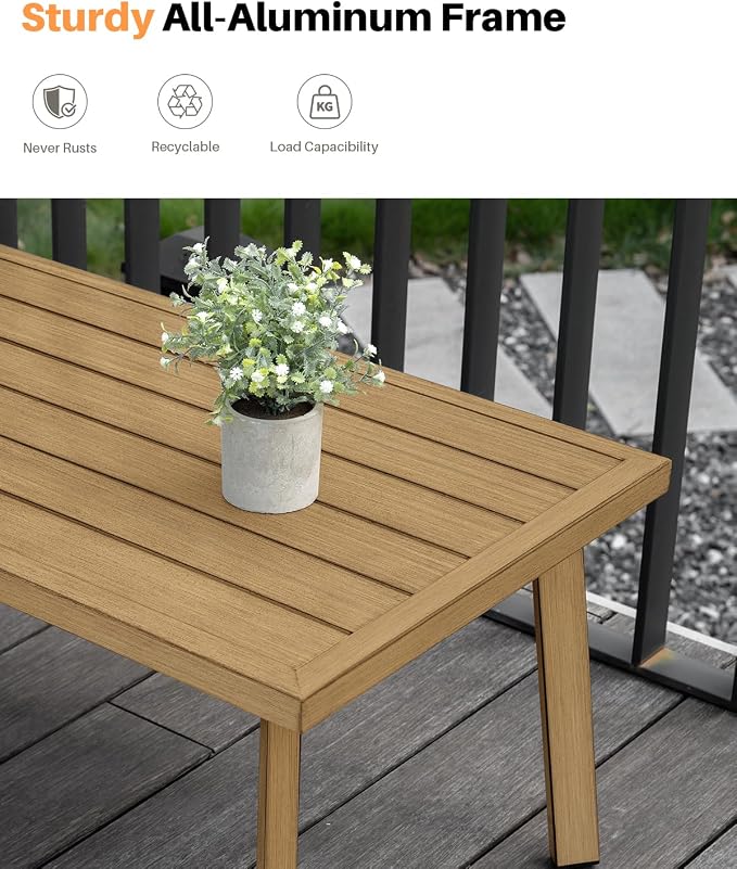 Patio Coffee Table, Never-Rust Aluminum Outdoor Coffee Table with Wood Grain Texture, Modern Rectangle Garden Coffee Table with Slatted Tabletop for Porch, Decks, Indoor, Balcony, Teak