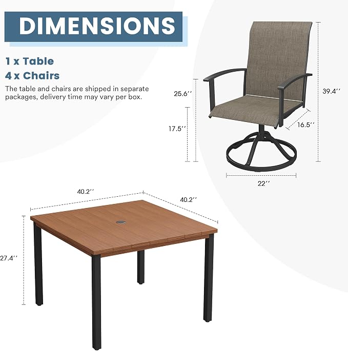 DIFY 5 Pieces Outdoor Dining Set, Metal Patio Table and Chairs Set for 4 with Umbrella Hole, 40.2" Walnut Square Table and Brown Textilene Swivel Patio Chairs for Garden, Backyard, Poolside