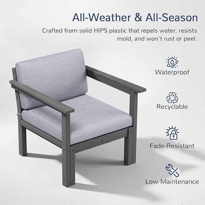 Stoog Modular Armchair with Removable Arms - HIPS Frame & Deep Seat Waterproof Patio Chair for Sectional, Grey
