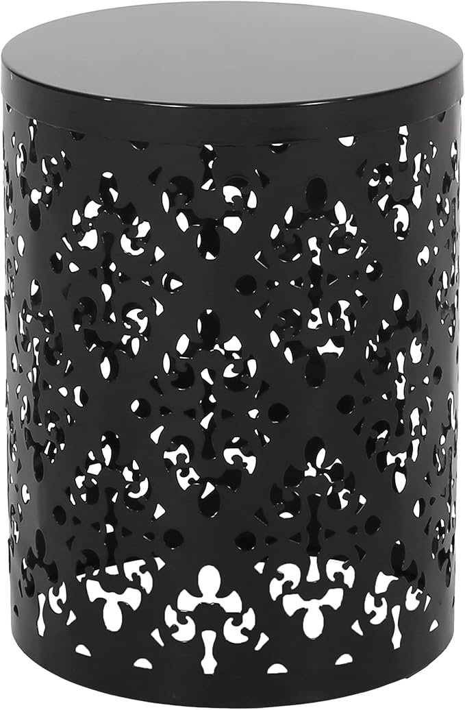 14" Cylindrical Side Table with Floral Iron Cut, Stylish End Table with Powder-Coated Iron, Practical Accent Table with No Assembly for Outdoor Patio Garden, Black
