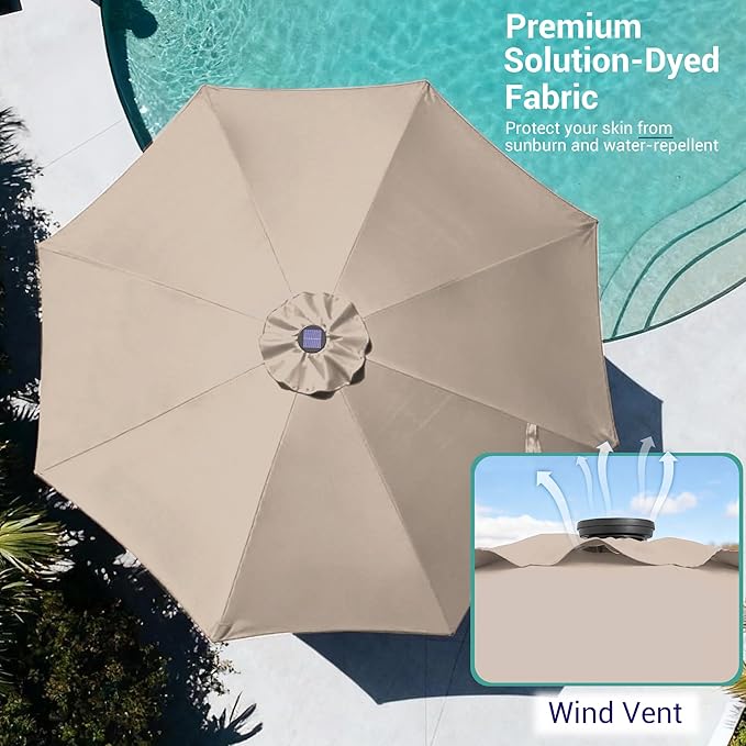 9ft Patio Umbrella Outdoor with Solar Lights,32 LED Lighted Table Market Umbrella with Tilt and Crank, 2-Year-Non-Fading, 8 Sturdy Ribs,for Pool, Deck, Garden,Backyard