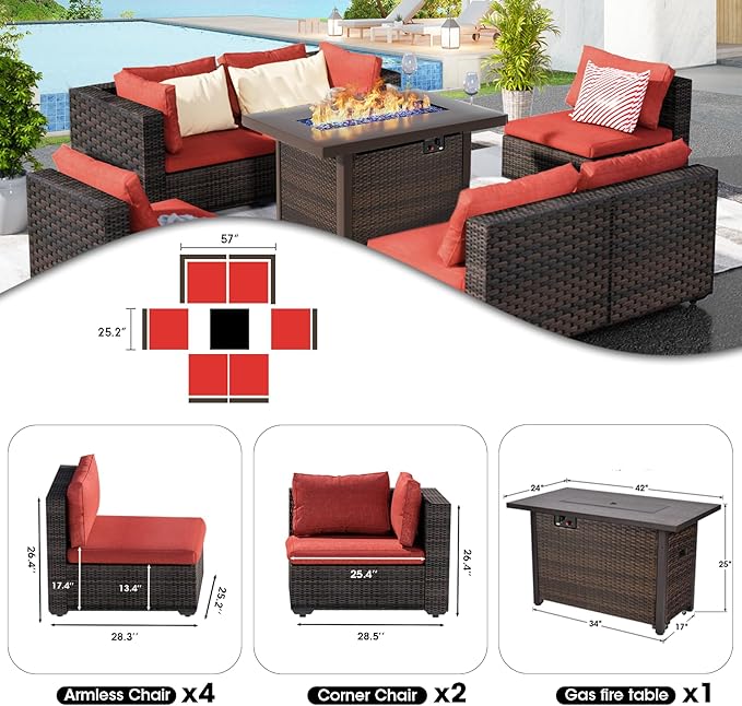 Grezone 7 Piece Patio Furniture Set with Fire Pit Table, Patio Sectional Furniture Sofa Set, Patio Conversation Sets with Cushions and Glass Coffee Table for Garden Lawn Balcony Porch Deck, Red