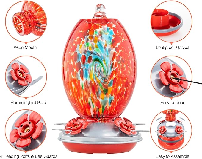 Muse Garden Glass Humming Bird Feeders for Outdoors - 27OZ Blown Glass Hummingbird Feeder - Unique Gift Mom Women Grandparents, Outdoors Hanging Garden Decor, Includes Ant Moat & Brush, Red Swirl