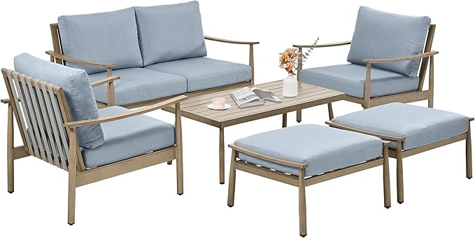 6 Pieces Aluminum Outdoor Patio Furniture Set with Coffee Table, Cushioned Loveseat and Armchairs with Ottomans, All-Weather Conversation Set for Yard Porch Deck, Blue & Brown
