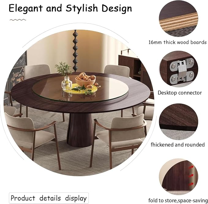 Large Round Foldable Table Top, 59 ” Diameter Portable Dining Table Extender Top, No Legs Wooden Round Table Tops Only, for Round Table and Square Table (Walnut, 5.9ft/71.2in)
