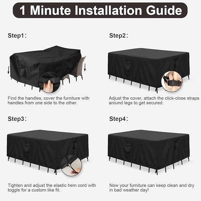 PureFit Patio Furniture Covers, Outdoor Table Furniture Cover Waterproof Rectangle, Patio Sectional Couch Set Cover for Deck, Lawn and Backyard, UV Resistant, 90"L x 64"W x 28"H, Black