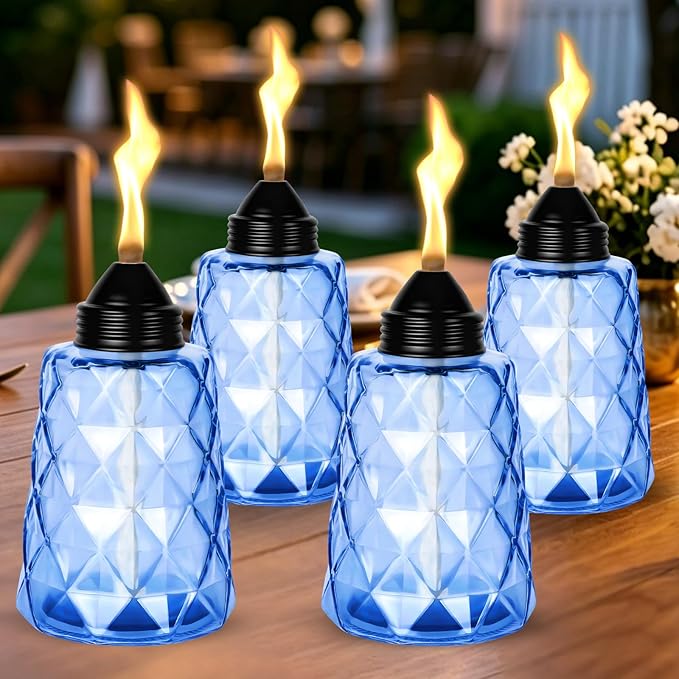4-Pack Glass Tabletop Torches Outdoor, 12 oz Citronella Torches Canisters with Wick & Cap, for Patio, Backyard, Garden, Parties, Outside Deck (Blue)