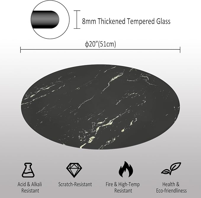 20" Round Tempered Glass Table Top, Marble Glass Surface Protector Heat & Scratch Resistant Multipurpose for Dining, Coffee, Restaurant, Office and End Table (Black Marble Pattern, 20 Inch)