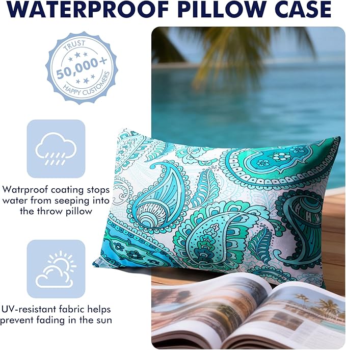 Outdoor Pillows, 2 Pack 12x20 Lumbar Pillows Water Resistant, Outdoor Throw Pillows Waterproof for Patio, Furniture, Sofa, Bed, Living Room, Garden Decorative(Blue)