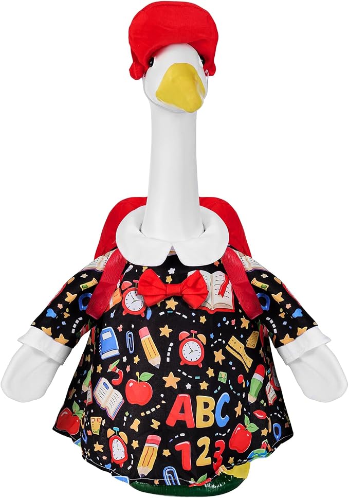 1 Set Back to School Porch Goose Outfit for 23 Inch Lawn Goose Statue | School-Themed Goose Clothes Set Includes 1 Outfit, 1 Hat and 1 Backpack for Patio, Yard, Classroom or Garden Decor