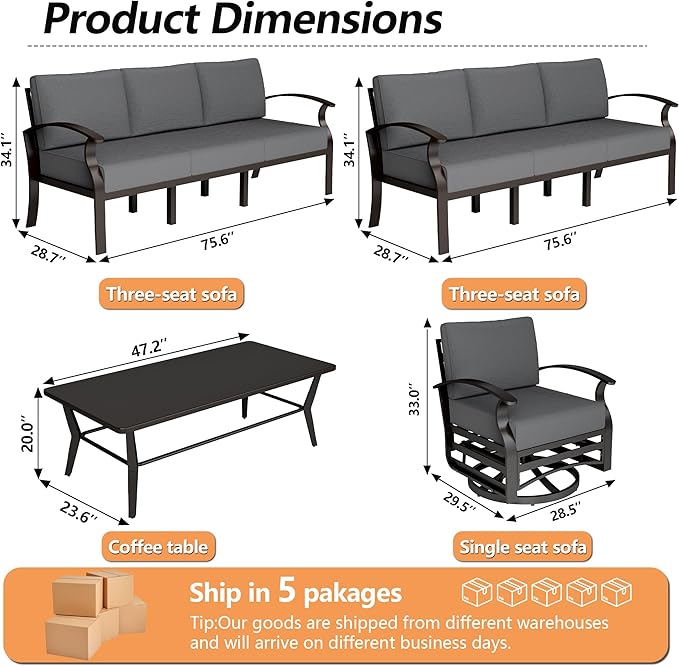 Aluminum Patio Furniture Set with Coffee Table,8 Seats Metal Modern Outdoor Furniture w/5.1" Thick Cushions,Patio Sectional w/Swivel Chairs for Patio,Backyard,Grey